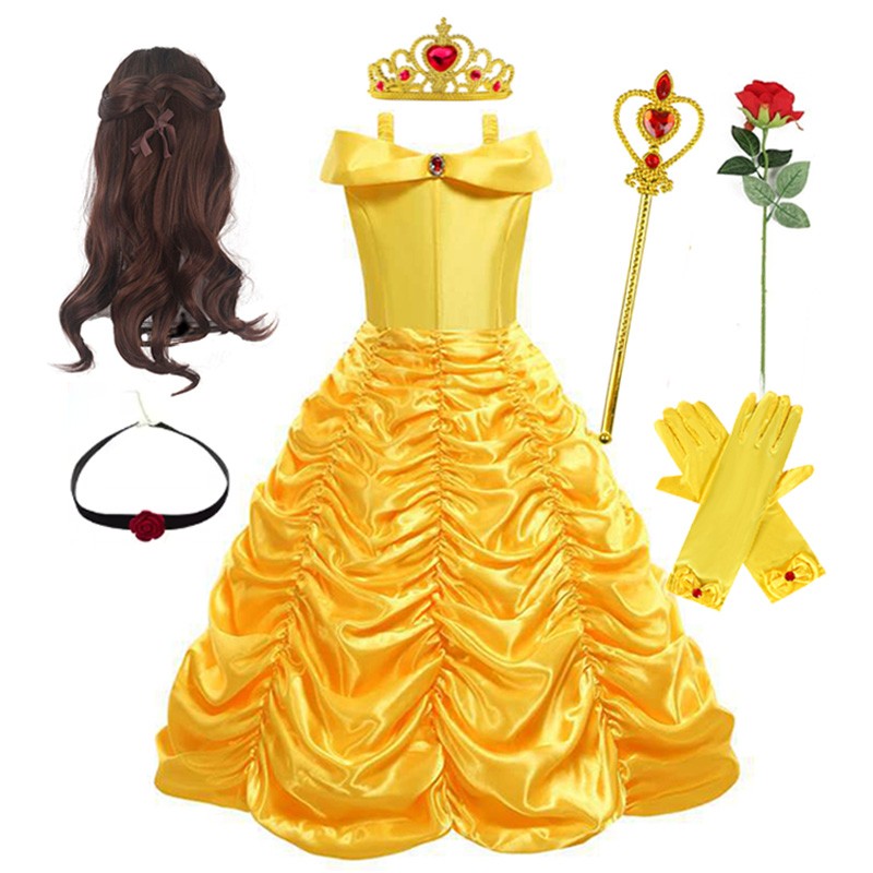 Disney Belle Princess Dress Halloween Cosplay Beauty and The Beast Costumes 2-10Y Girls Birthday Party Children Clothing Gown