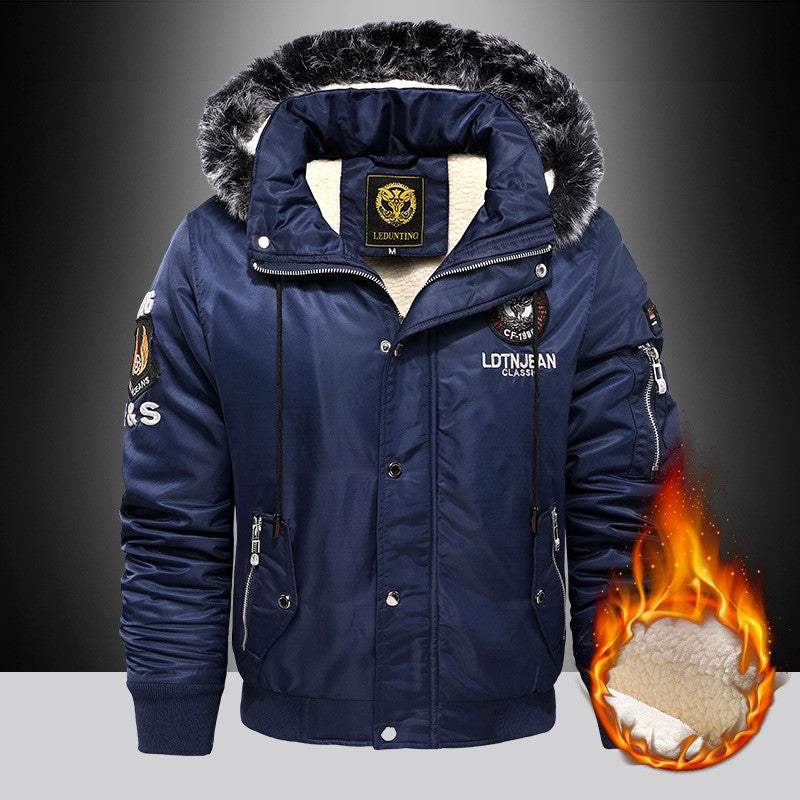 Winter Warm Thickened Hooded Jacket With Raw Edge Lined Aviator Jackets Embroidered Badge Design Outdoor Windproof Men's Coat