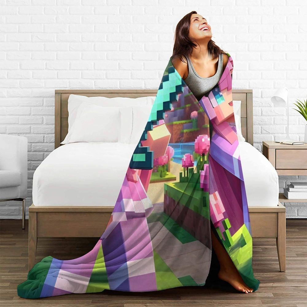 Cartoon Mines Pixel Game Crafts Flannel Blanket Super Warm Throw Blanket for Home Decor Decorative Street Trend Bedspread
