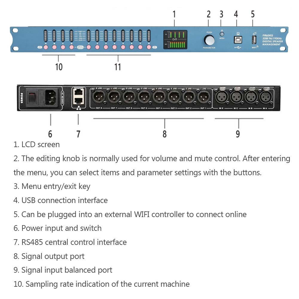 DP48X Processador de Áudio Digital Profissional 4 Entradas 8 Saídas Processador Drive Rack com RIR DEQ Sistema de Gerenciamento de Alto-falantes 192KHZ