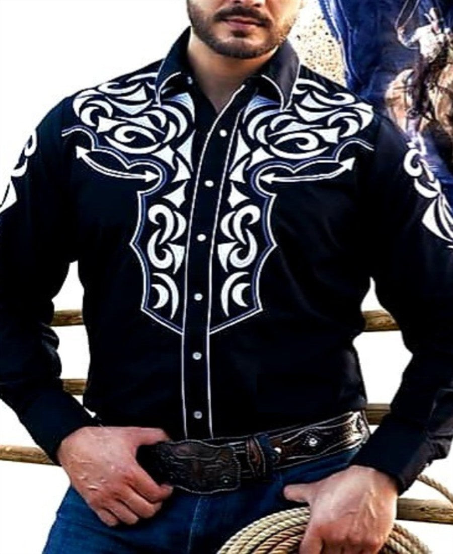 Western Tribal Shirt Denim Men's Casual Outdoor Party HD Pattern Button Soft Comfortable Lapel Shirt Long Sleeve T-Shirt