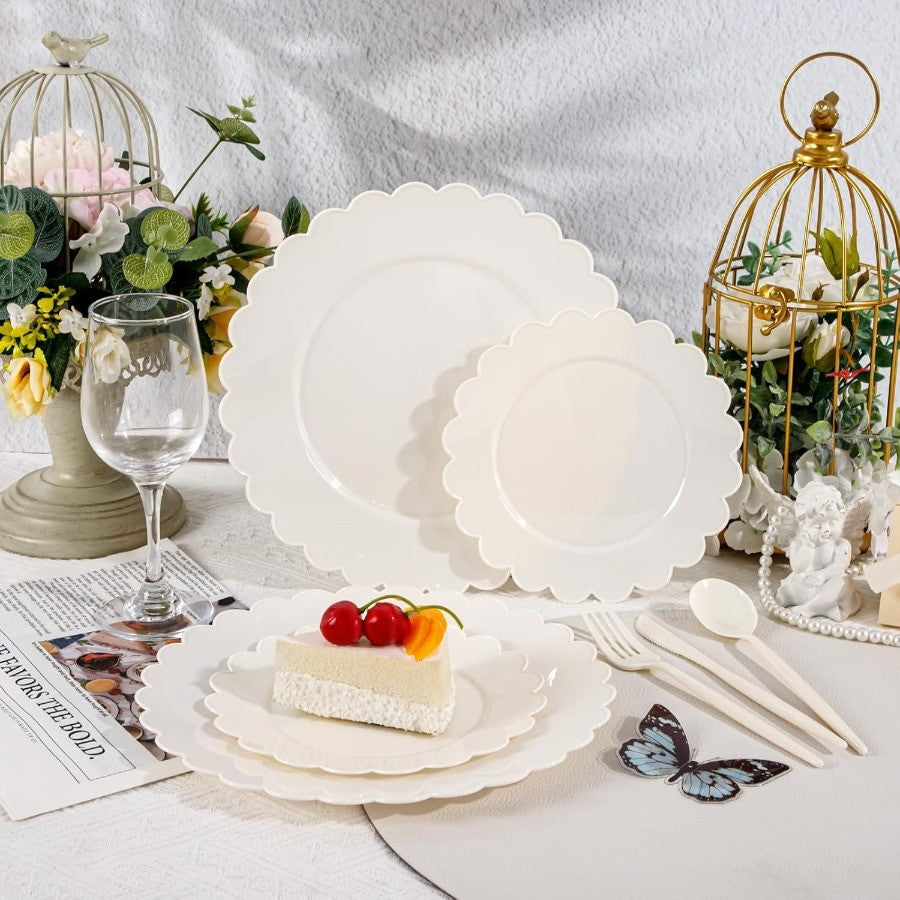 150 Pcs Ivory Plastic Plates for Party Disposable Heavy Duty Thanksgiving Plates Ivory Plastic Dinnerware Sets for 30 Guests - 6
