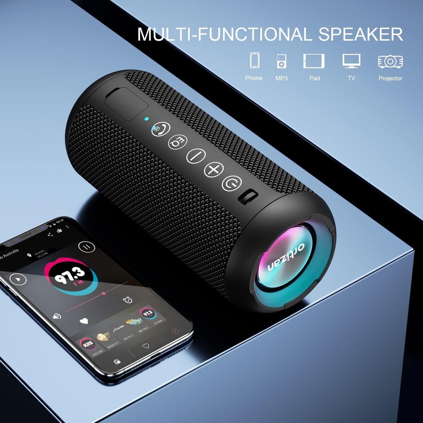 Caixa de Som Portátil Sem Fio Bluetooth 5.3 Ortizan, Graves Potentes, Luzes RGB, À Prova d'Água IPX7, TWS, Entrada AUX e Cartão TF, Ideias para Presente