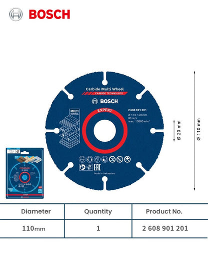 Disco de Corte Multimaterial Bosch Expert 110mm de Carbide para Madeira, Plástico, Drywall, Madeiras Duras - Acessórios para Esmerilhadeira Angular