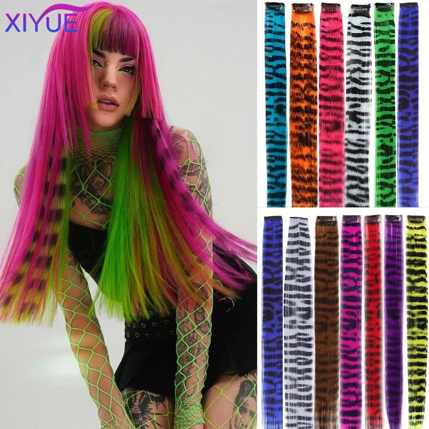 Synthetic One Card Hair Extension Wig Hair For Women Long Straight Clip-in Colored Zebra Line Feather Hair Extensions Fake Hair