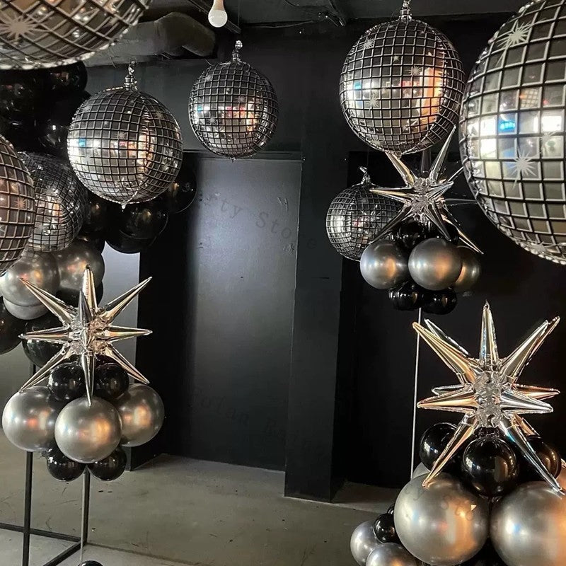 10/22inch 4D Silver Disco Ball Explosion Star Balloon Metallic Disco Balloon Set for Disco Party Wedding Birthday Party Decor