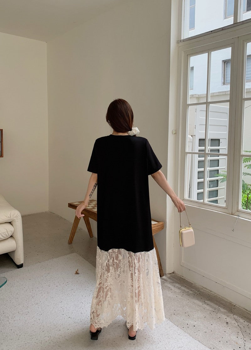 NYFS plus Size Women's Lave Patchwork Dress Summer 2025 Loose Long Dresses Robe Elbise Short Sleeve Korean Style Floral Hem