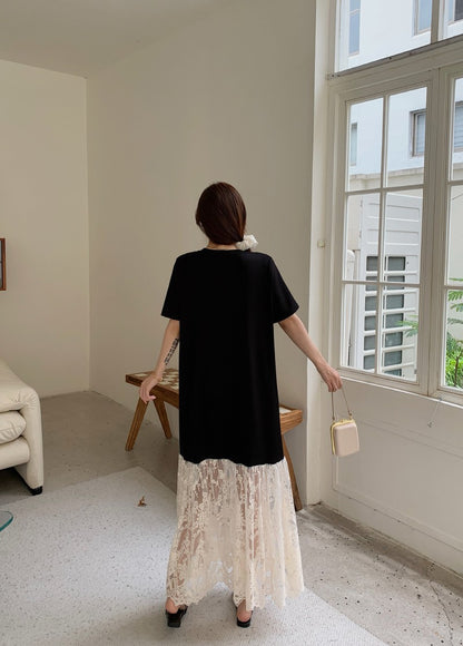 NYFS plus Size Women's Lave Patchwork Dress Summer 2025 Loose Long Dresses Robe Elbise Short Sleeve Korean Style Floral Hem