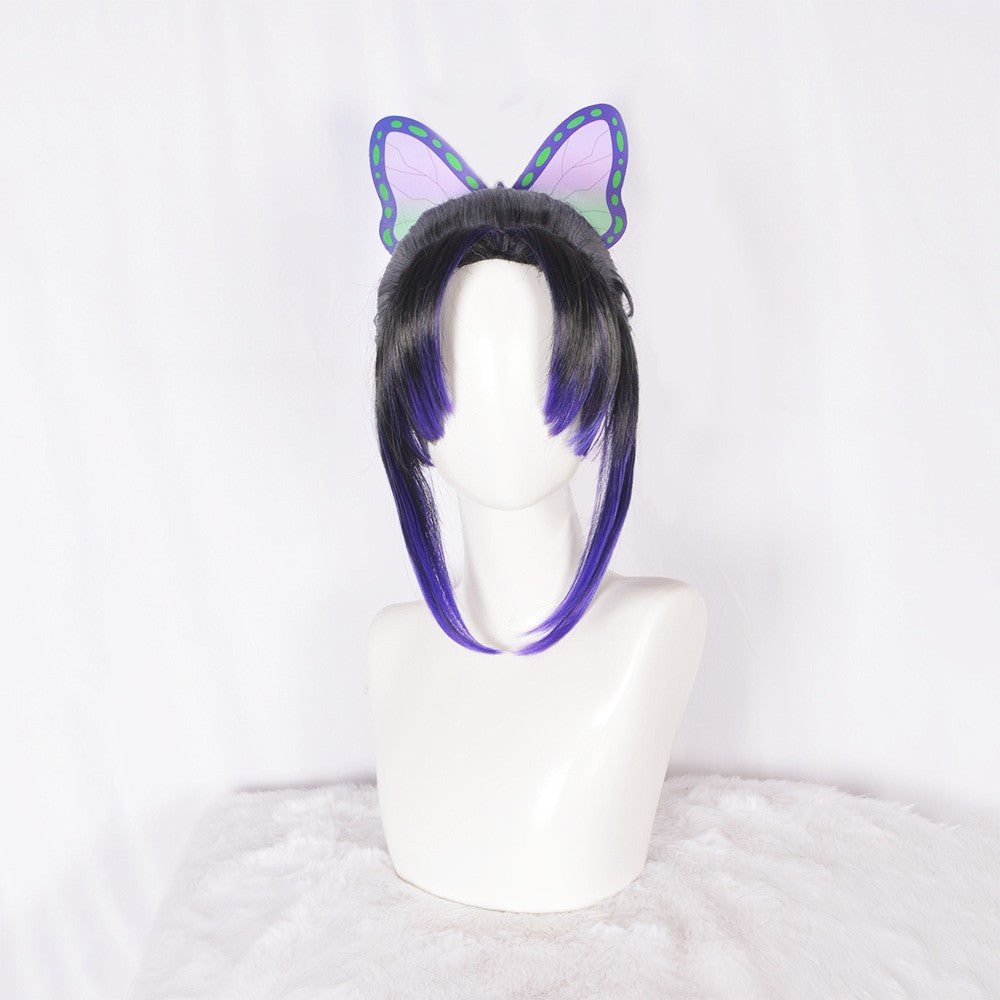 Peruca de Cosplay Kochou Shinobu 35cm Preta Roxa Gradiente Linda Rabo de Cavalo Peruca de Cabelo Sintética Resistente ao Calor Halloween