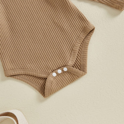 Baby Girls Spring Outfits Short Sleeve Ribbed Romper Suspender Skirt Headband Set Newborn 3 Piece Clothes