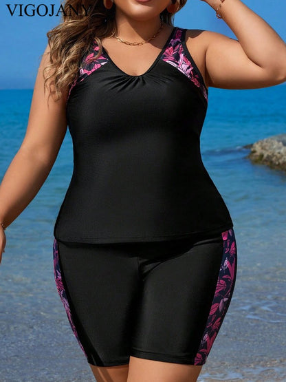 VigoJany 2025 Large Strapped Print Swimwear Women Plus Size Boxer Tankini Set Swimsuit 2 Piece High Waist Chubby Bathing Suit