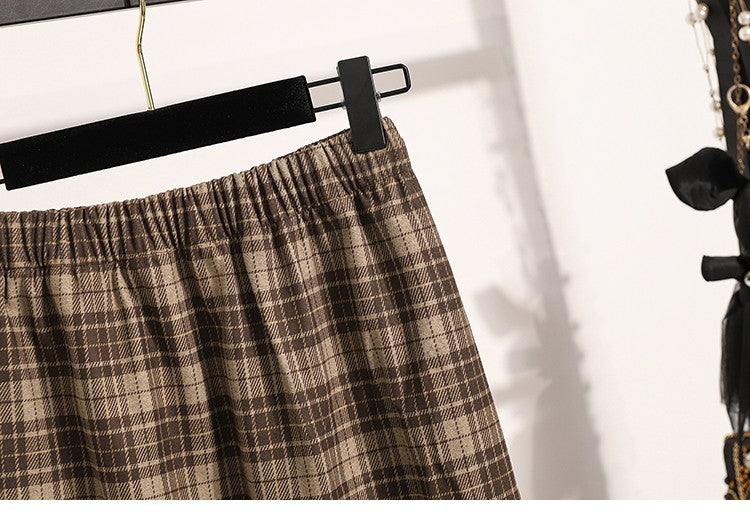 Plus Size Skirt Women 2024 Autumn Winter High Elastic Waist A Line Gray Or Khaki Plaid Skirt Korean Casual Long Skirts Womens
