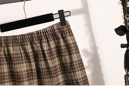 Plus Size Skirt Women 2024 Autumn Winter High Elastic Waist A Line Gray Or Khaki Plaid Skirt Korean Casual Long Skirts Womens