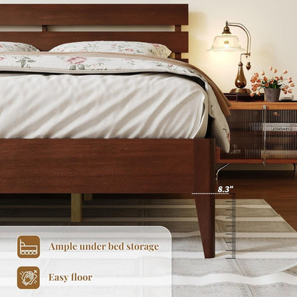 Wood Queen Bed Frame with Headboard, Mid-Century Modern Solid Wood Platform Bed with Solid Wood Legs & Wooden Slat Support, Stur