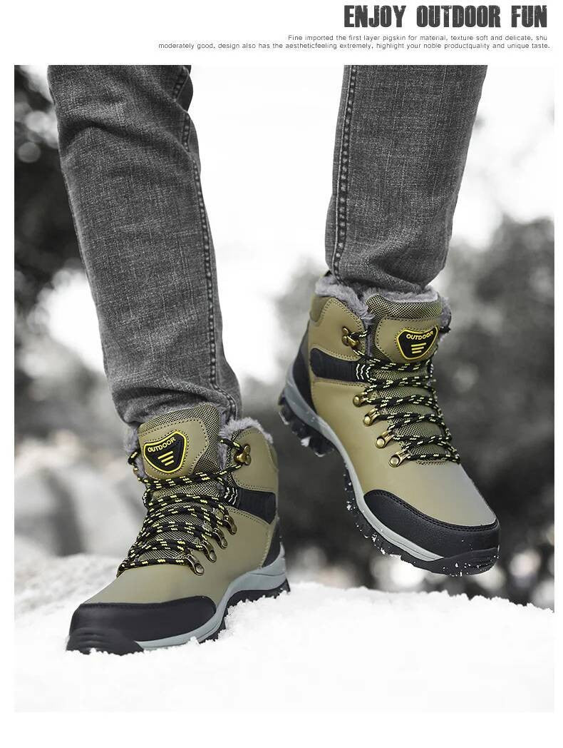 Botas de inverno masculinas com pele quente, antiderrapantes, sapatos casuais de trabalho masculinos, tênis de couro impermeáveis, botas de cano alto, tamanhos grandes