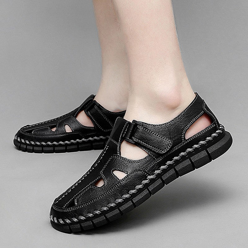Mens Handmade Casual Leather Sandals Classic Men Beach Shoes Summer Outdoor Walking Male Sneaker Breathable Man Hollow Out Flats