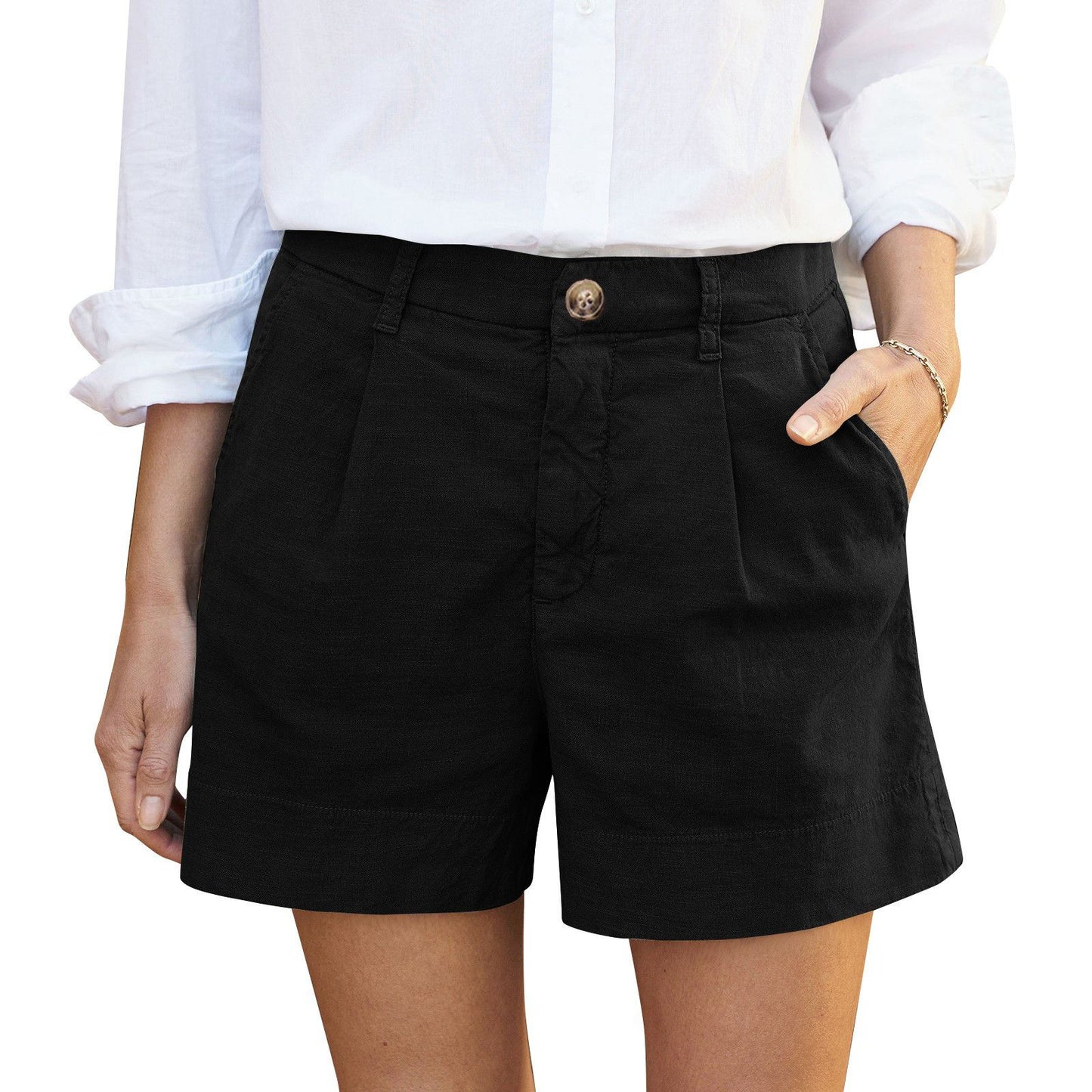 Cotton Linen Solid Shorts For Women Button High Waist Summer Loose Casual Pockets Shorts Female Pants Women Clothing