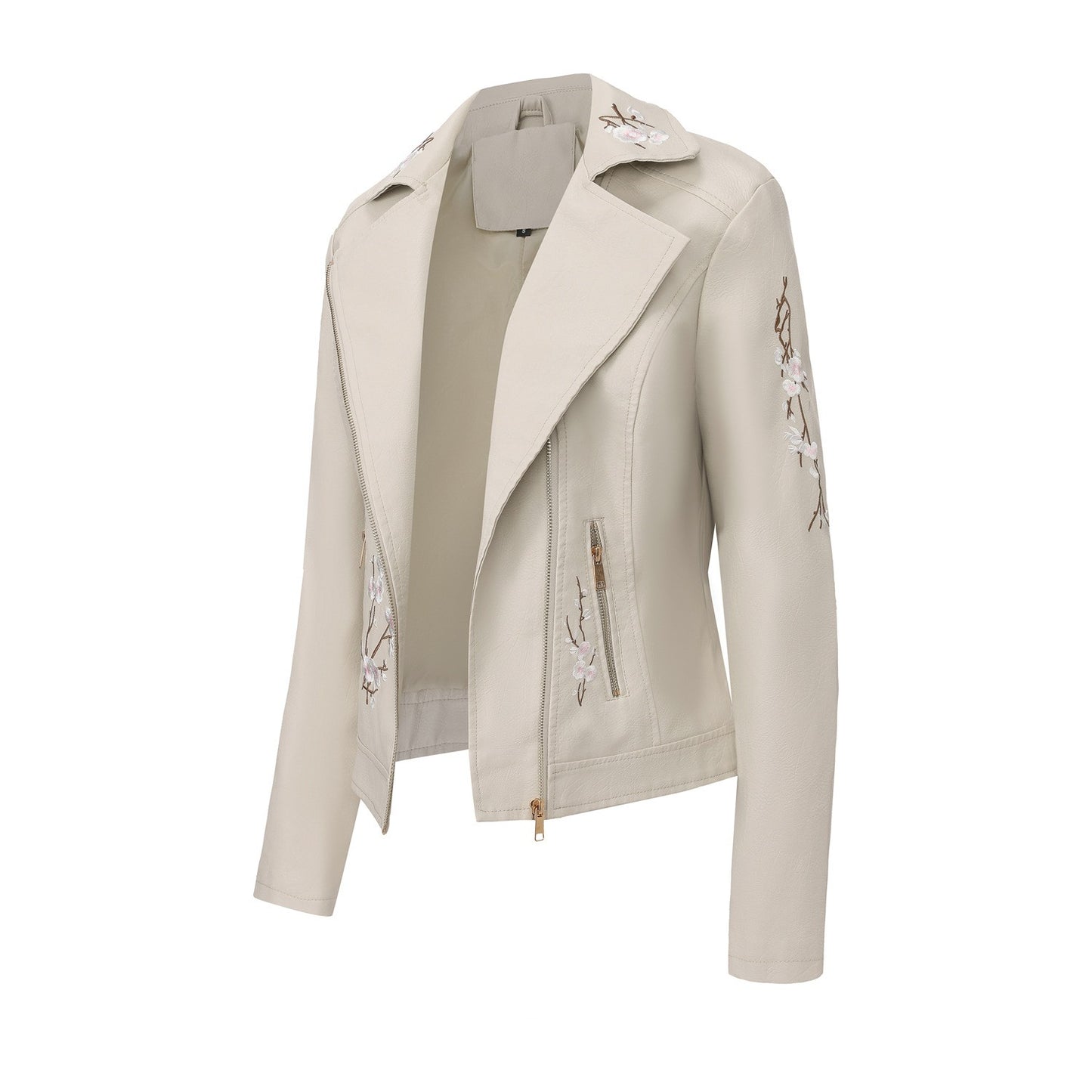 New Fall Women's Black Embroidered PU Jacket, Street-Style Brown Faux Leather Coat, Fashionable Beige Long Sleeves Top.