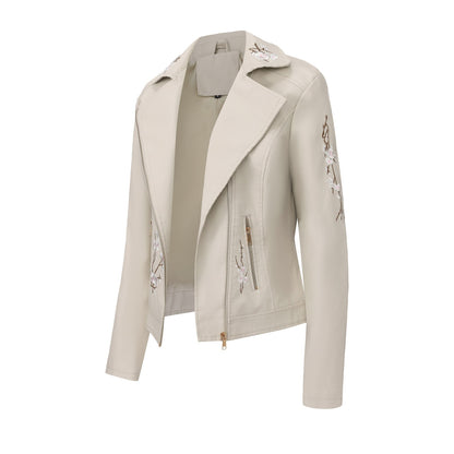 New Fall Women's Black Embroidered PU Jacket, Street-Style Brown Faux Leather Coat, Fashionable Beige Long Sleeves Top.