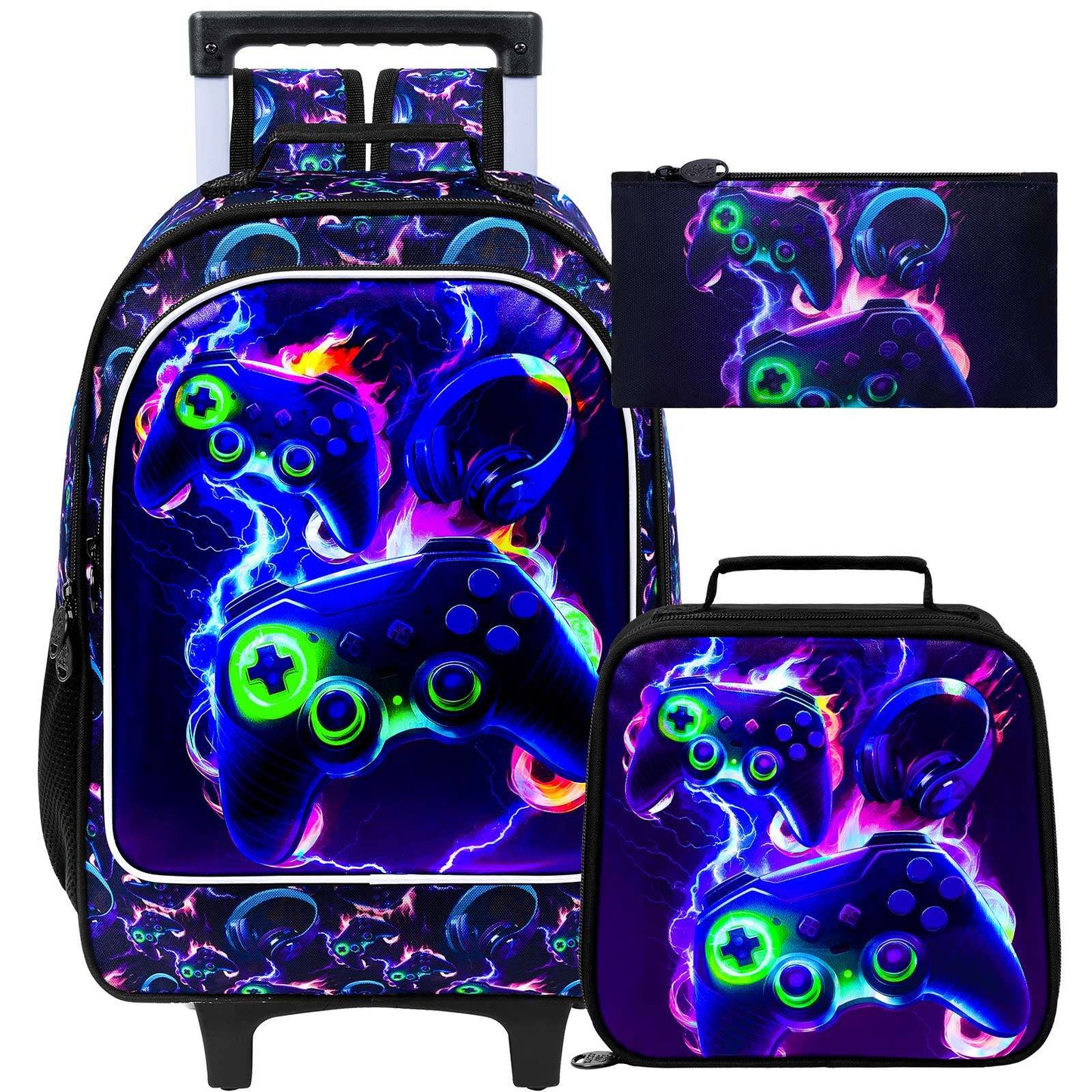 Mochila de Rodinhas para Meninos, 3 PEÇAS Bolsa Escolar com Rodas para Crianças com Lancheira - Game Console