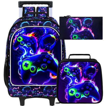 Mochila de Rodinhas para Meninos, 3 PEÇAS Bolsa Escolar com Rodas para Crianças com Lancheira - Game Console