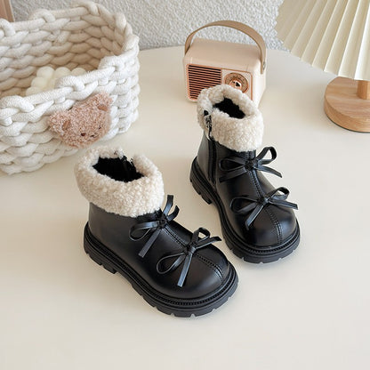 Girls Padded Fashion Leather Boots 2-18 Years Old Thickened Bow Hairy Girls Cotton Shoes Winter Beige Soft Non-slip Kids Boots