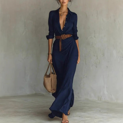 2025 Buttons Draped Chic Party Dress Spring Autumn Women Turn Down Collar Simple Maxi Dress Long Sleeve Elegant Ladies Dress