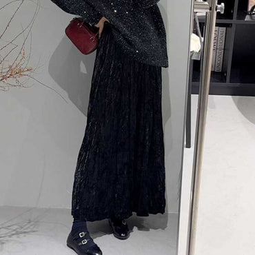 Plus Size Plus Size Women's Velvet Pleated A- Line Midi Skirt Autumn Winter Slimming Half-length Versatile Fashionable Commut...