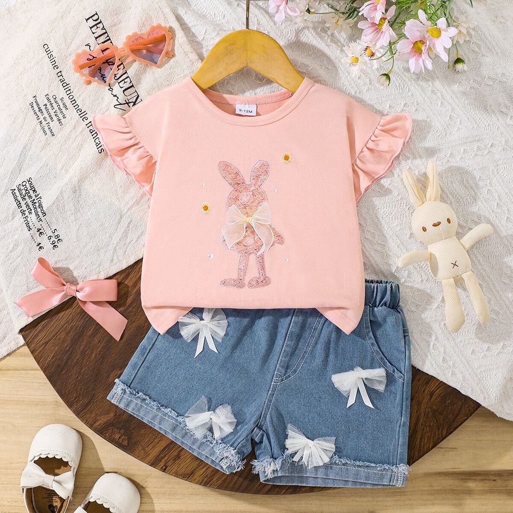 Clothes Set for 0-3Years Baby Girl Cute Cartoon Pattern Bow Short Sleeve Top + Denim Shorts Summer Costume for Toddler Girl