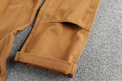 2025 Spring New American Retro Amekaji Heavyweight Woven Cargo Pants Men's Simple 100% Cotton Washed Straight Casual Trousers