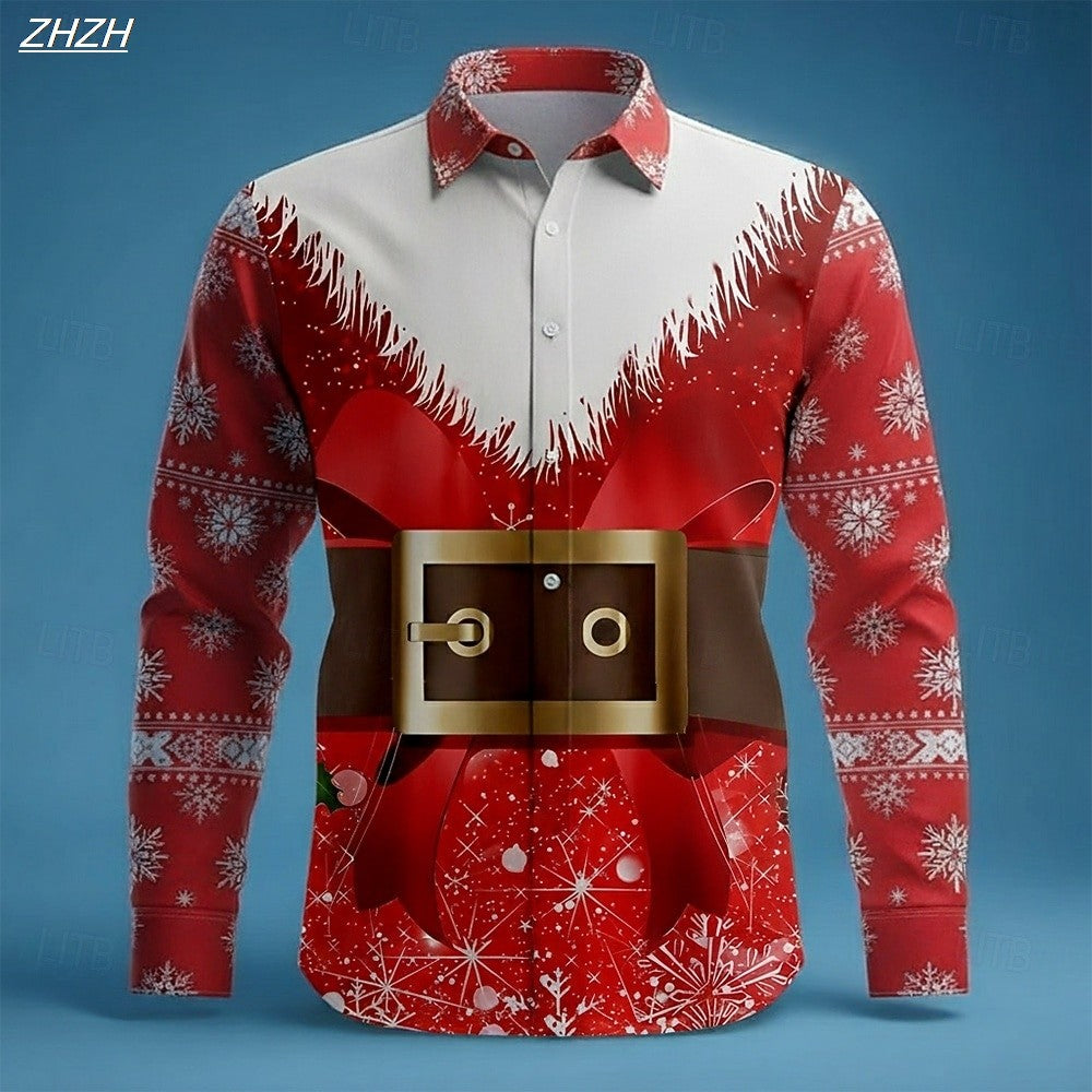 Men's Christmas Snowflake Tuxedo Shirt, 3D Printed Tie Design, Funny Costume Attire,Holiday Party Wear, Spring Fall Formal Style