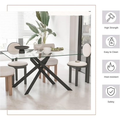 Rectangular Glass Dining Table for Four, 51.2 Modern Kitchen Table with Black Steel Legs