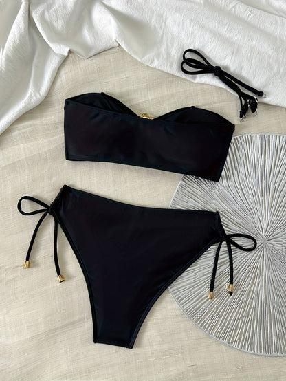 European and American sexy simple solid color fashion bikini set, side tie with metal accessorie