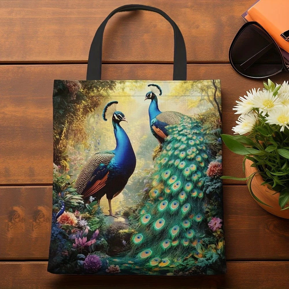 1pc Vibrant Peacock Pattern Tote Bag - Lightweight, Durable Polyester with Fixed Shoulder Straps, Ideal for Grocery Shopping