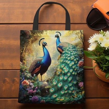 1pc Vibrant Peacock Pattern Tote Bag - Lightweight, Durable Polyester with Fixed Shoulder Straps, Ideal for Grocery Shopping