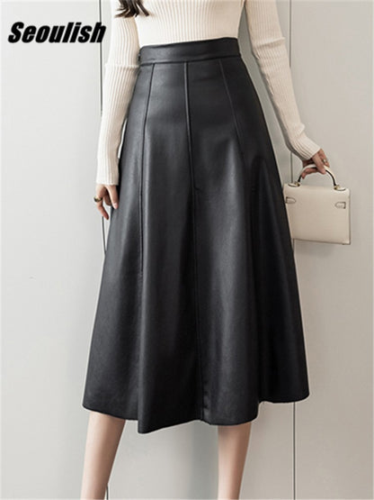 Seoulish Black Faux PU Leather Women's A-Line Skirts 2023 New Autumn Winter High Wasit Solid Chic Umbrella Office Skirts Female