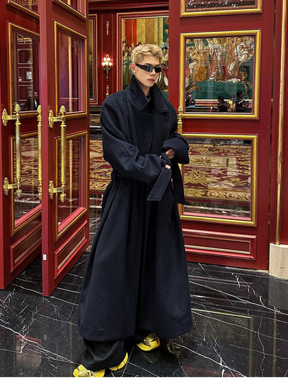 Mauroicardi Autumn Winter Oversized Extra Long Warm Navy Blue Wool Blends Coat Men Loose Luxury Designer Woolen Overcoat 2024