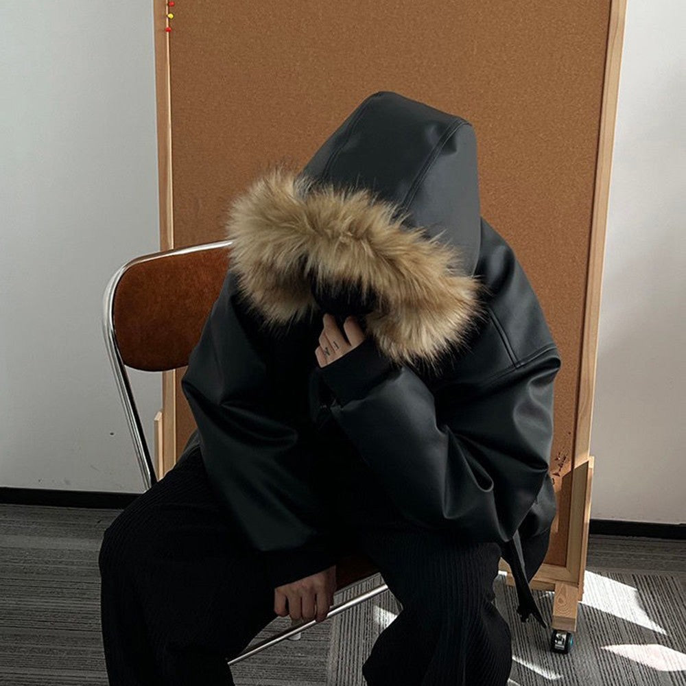 Winter American retro fashion brand handsome all-match warm detachable hat heavy PU leather cotton coat thickened jacket for men