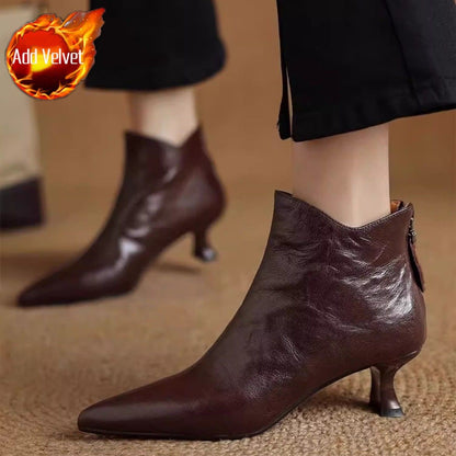 Elegant with Medium Heels Booties Autumn Winter Fleece-Lined Female Short Shoes Pointed Toe Leather Chelsea Women's Ankle Boots
