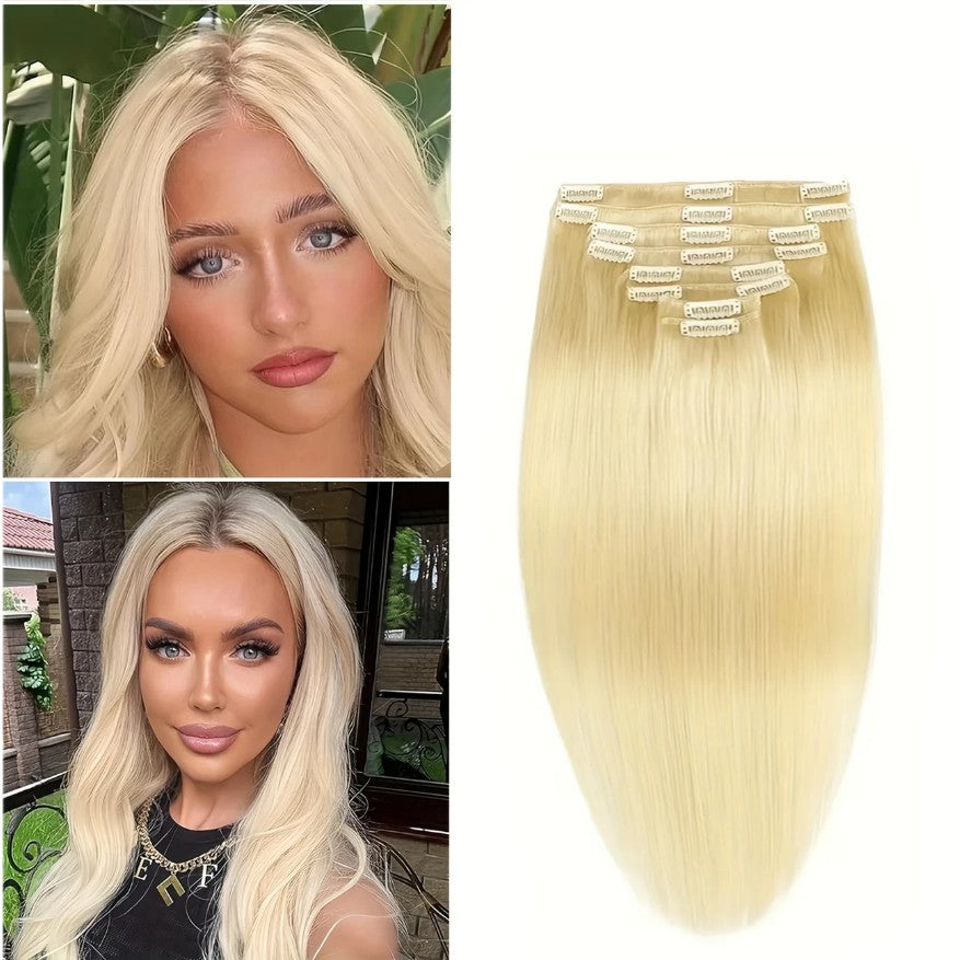 Aplique de Cabelo Humano Loiro com Grampo, Extensões de Cabelo com Grampo, 8 Peças, Trama Dupla, Pontas de Cabelo Humano #613