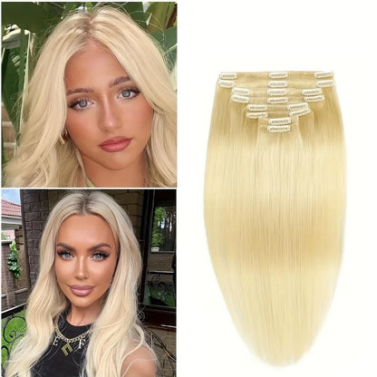 Aplique de Cabelo Humano Loiro com Grampo, Extensões de Cabelo com Grampo, 8 Peças, Trama Dupla, Pontas de Cabelo Humano #613