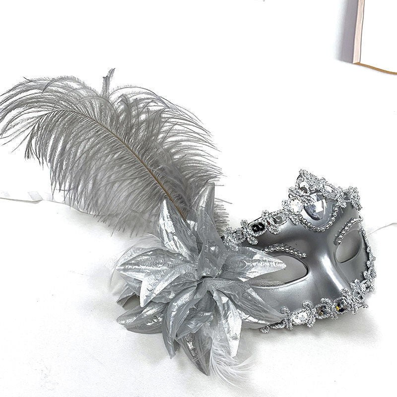 Feather Rhinestones Masquerade Mask Lace Women Flower Fashion Half Face Sexy Halloween Christmas Easter Cosplay Party Prom White