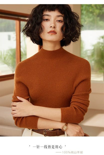 Autumn and winter new women's 100% pure cashmere semi high neck pullover sweater knitted slim fit hot selling women's top