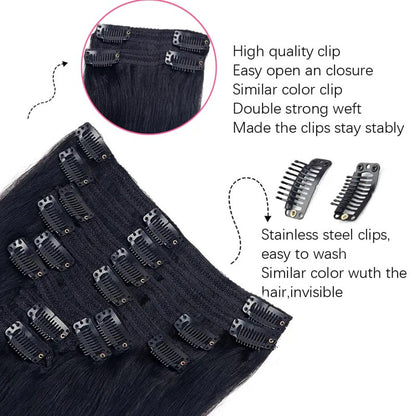 Cabelo Sintético Liso com Presilhas, Extensões de Cabelo Preto Suave de 30-45 cm, Aplique Grosso com Presilhas