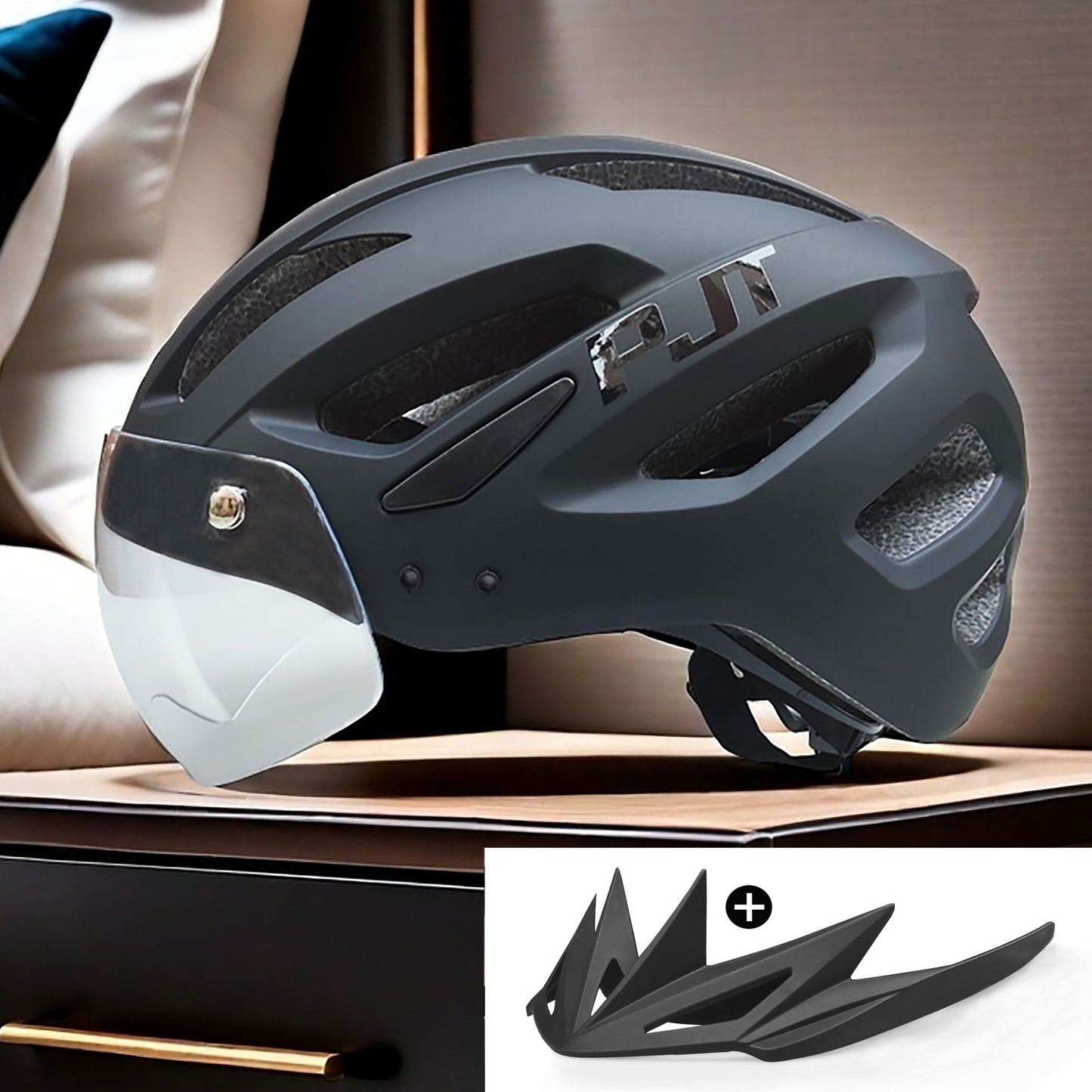 PJT Adult Bike Helmet With Rechargeable LED Rear Light Dual Mode Goggle Cycling Helmet MTB Lightweight Breathable Bicycle Helmet