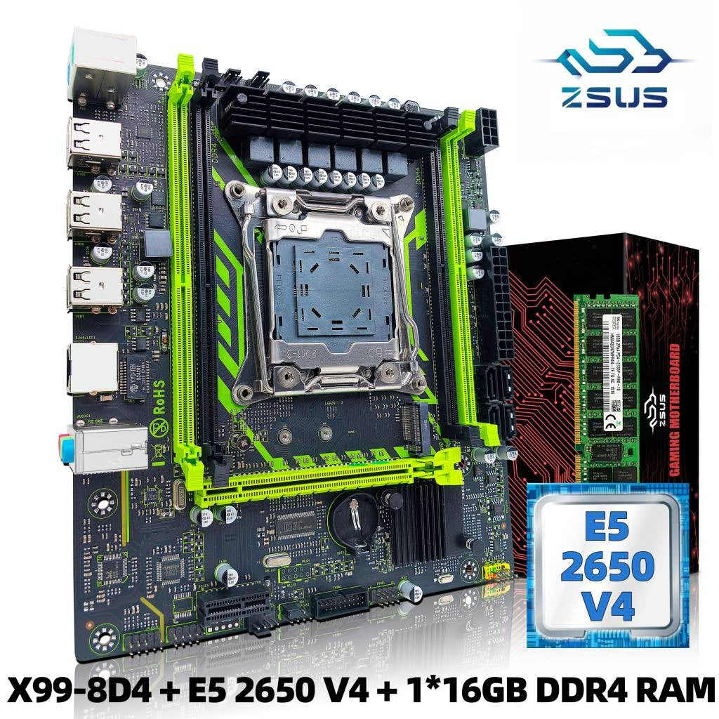 Kit Placa-mãe ZSUS X99-8D4 com CPU LGA2011-3 Xeon E5 2650 V4 DDR4 16GB (1*16GB) 2133MHZ Memória RAM NVME M.2 SATA
