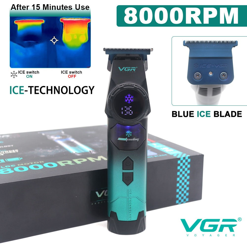 VGR V-946 Professional Ice Tech Hair Trimmer DLC Blade 0 Gap 8000RPM Brushless Blue Ceramic For Men Beard Trimming Grooming