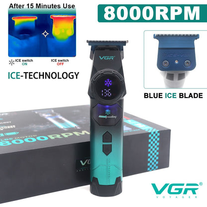 VGR V-946 Professional Ice Tech Hair Trimmer DLC Blade 0 Gap 8000RPM Brushless Blue Ceramic For Men Beard Trimming Grooming
