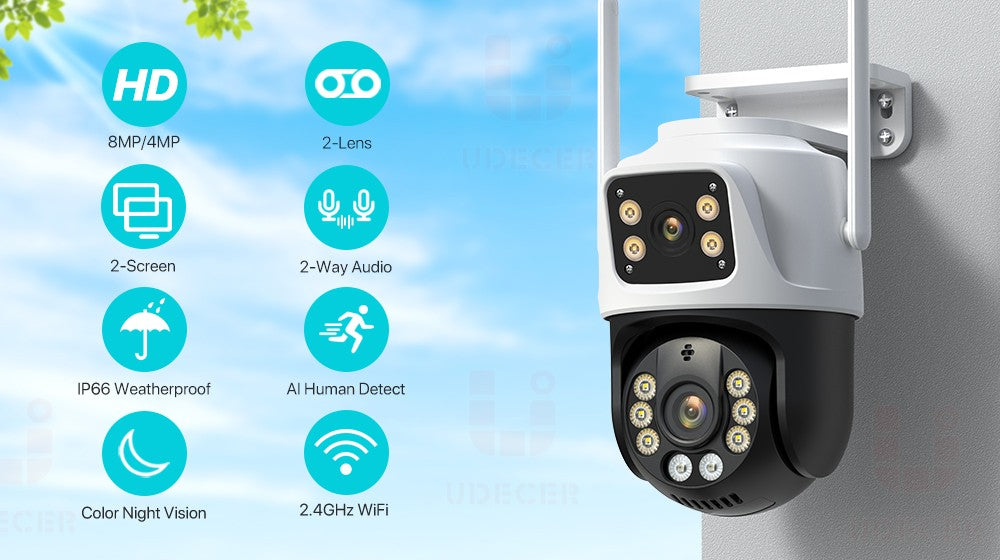 Dual Lens 360º Wifi Camera IP66 Security Protection 8MP 4K Wireless Outdoor Human Detection ICSEE Video Surveillance PTZ Camera