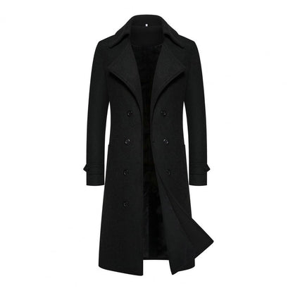 Solid Color Coat Long Coat Double-breasted Men's Mid Length Overcoat with Windproof Warmth Slim Fit Solid Color Cardigan Buttons